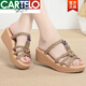 卡帝樂鱷魚（CARTELO）2025新品坡跟涼鞋女真皮松糕厚底防水臺(tái)高跟鞋波西米亞一字拖鞋 棕色拖鞋【跟高5cm】 35