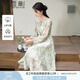 香影新中式綠色印花連衣裙女2025春季新款系帶圓領收腰長袖碎花裙 綠色 L