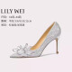 Lily Wei法式高跟鞋仙女水晶婚鞋细跟尖头新娘蝴蝶结 银色【跟高8cm】 38
