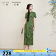 三彩若潮大碼女裝2025夏新款新中式旗袍裙立領連衣裙短袖開叉胖MM 苔蘚綠花卉 M 160/88B
