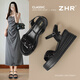 ZHR坡跟涼鞋女夏季氣質(zhì)亮片厚底女鞋一字帶外穿高跟鞋 CE58 黑色 35