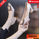 大東女士2025新款真軟皮粗跟尖頭淺口漆皮單鞋紅色高跟鞋婚鞋工作鞋方扣女 白色 36