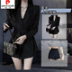 皮爾卡丹（pierre cardin）2025新款高個(gè)子收腰西裝裙新款春秋西服修身腰帶中長(cháng)款外套氣質(zhì)御 黑色【上衣+短褲】送腰帶 M 【建議100-115斤】