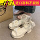 雷姆汀增高厚底涼鞋女2025夏季新款蝴蝶結(jié)一字帶珍珠氣質(zhì)高跟鞋女ins潮米色升級版35