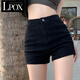 LPOX韓版牛仔短褲女高彈力高腰黑色顯瘦辣妹a字熱褲性感緊身包臀ins潮 黑色 高質(zhì)量 S 建議體重85-95斤內
