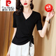 皮爾卡丹（pierre cardin）洋氣薄款黑色V領(lǐng)短袖T恤女夏2024年新款桑蠶|絲百搭小衫修身顯瘦 黑色 3XL [140-155斤]