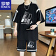 羅蒙（ROMON）2026新款冰絲運動(dòng)套裝男士夏季短袖T恤短褲一套帥氣青少 HYL-TZ902黑色 3XL 160-180斤