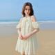 樂(lè )町掛脖山茶少女娃娃裙遮肉花苞袖短裙兩穿約會(huì )裙度假裙 米黃（現貨） M