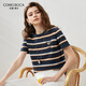 科蒙博卡2025春夏桑蠶絲新款條紋針織衫女圓領(lǐng)短袖t恤休閑薄上衣 石墨灰 M