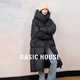 Basic House/百家好韓版連帽中長(cháng)款羽絨服女雙拉鏈立領(lǐng)白鴨絨外套 黑色 S