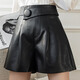彩木夏咖色短褲春秋年新款女休閑褲紐扣高腰pu皮褲顯瘦闊腿a字靴褲 黑色 M 80-95斤