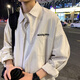 NEW OR MODE美式高街條紋長袖襯衫男夏季潮牌痞帥高街襯衣oversize休閑外套男 卡其色 L