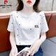 皮爾卡丹白色純棉短袖t恤女夏裝2025新款時尚洋氣寬松半袖女士體恤上衣服 白色 星星 L 建議110-125斤