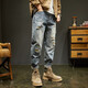 潮與共褲子男寬松秋季破洞補丁牛仔褲男錐形復古高街美式大碼高端哈倫褲 藍色 30