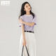 對白微皺肌理感撞色正肩短袖t恤女2026夏季新款圓領(lǐng)寬松顯瘦上衣 紫羅蘭  M