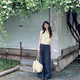 春麗珠（Chunlizhu）休閑褲女2025夏季新款簡約正肩針織短袖上衣高腰闊腿褲兩件套裝女 上衣+褲子 M