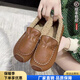 大東爆牛筋底毛毛鞋女2024新款皮面防水平底孕婦豆豆鞋加絨保暖媽媽單鞋 棕色 37