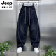 JEEP SPIRIT2026秋冬款保暖加絨牛仔褲男士彎刀褲美式休閑水洗復古工裝褲 黑色（加*絨） 4XL 195-220斤