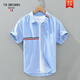 TB BROWIN湯姆tb夏季純棉上衣條紋短袖白襯衫男休閑個(gè)性襯衣歐美潮牌體恤潮 天藍色 L