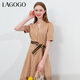 LAGOGO復古休閑系帶收腰連衣裙女拉谷谷夏季新款氣質(zhì)泡泡袖中長(cháng)裙 淺咖啡(U2) XL