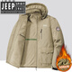 JEEP SPIRIT男裝2025秋冬薄絨棉衣服外套休閑保暖可脫卸帽夾克工裝棉服 卡其 L 建議115-130斤
