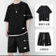 唐號(hào)夏季套裝男冰絲短袖t恤男裝華夫格短褲帥氣速干運(yùn)動(dòng)休閑一套衣服 黑色 XL