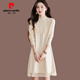 皮爾卡丹（pierre cardin）秋冬新款內(nèi)搭顯瘦蕾絲針織連衣裙女針織打底衫中長款毛衣裙針織衫 米白色 M