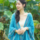 嬈蝶民族風(fēng)旅游拍照連帽披肩彩色流蘇菱格外搭針織圍巾大披風(fēng)斗篷保暖 亮藍色
