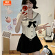 婍妡（Qeeshine）韓系學院風jk制服水手服上衣夏季小個子黑色百褶裙甜辣妹兩件套裝 百褶裙+腰帶【單件】 2XL 建議300斤以上