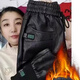 月袖男士皮褲男哈倫褲小個(gè)子加絨加厚高腰防水松緊彈力腰防寒保暖皮褲 麥吉#加絨加厚-黑色 2XL建議130-145斤
