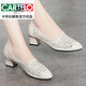 卡帝樂(lè )鱷魚(yú)（CARTELO）新品高檔夏季真皮涼鞋女中跟單鞋2025粗跟鏤空網(wǎng)紗中年媽媽鞋 米白色【中*跟4.5cm】 37