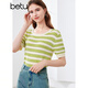 百圖betu女裝夏季新款毛針織衫橫條紋鏤空透氣短袖上衣女2405X11 綠條紋 L