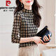 皮爾卡丹（pierre cardin）半高領(lǐng)千鳥格網(wǎng)紗長袖t恤女2025春款休閑通勤打底衫內(nèi)搭顯瘦上衣 圖片色常規(guī)款 2XL 130-140斤