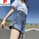 皮爾卡丹（pierre cardin）設(shè)計(jì)感卷邊牛仔短褲女大尺碼胖m妹夏季薄款2025新款高腰顯瘦a字褲 338深藍(lán) 【高質(zhì)量】 L【105-115斤】