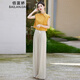 佰藍(lán)嬌棉麻套裝女夏季2025新款時(shí)尚洋氣減齡新中式國(guó)風(fēng)休閑闊腿褲兩件套 黃上衣＋米褲子 S （建議90-105斤）