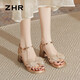 ZHR涼鞋女優(yōu)雅粗跟舒適女鞋蝴蝶結氣質(zhì)一字帶鞋子女 BL260 香檳色 37