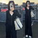 韓璐嬌（hanlujiao）衛(wèi)衣女裝春秋季2025年新款休閑運動服設(shè)計感連帽顯瘦闊腿褲套裝女 黑色 M 【建議95-105斤】
