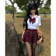 小野七天JK制服裙高腰半身裙女校供感圣誕紅格裙學(xué)院收腰短袖襯衫格裙套裝 【三件套】收腰襯衫+領(lǐng)結(jié)+玄格裙 M 建議90-100斤
