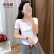 俞兆林高檔短袖t恤女夏季新款純色棉質(zhì)方領(lǐng)短袖打底衫修身顯瘦上衣女潮 白色-方領(lǐng)弧形下擺 S 85斤以下