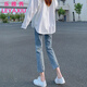 樂(lè)雅秀后開(kāi)叉九分直筒牛仔褲女2025年春夏新款韓版高腰顯瘦小個(gè)子煙管褲 淺藍(lán)九分 M 建議99-106斤