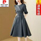 皮爾卡丹（pierre cardin）23年新款時尚輕奢泡泡袖連衣裙女春秋新款中袖氣質(zhì)收腰顯瘦中長款 灰色 S
