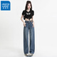 真維斯（Jeanswest）高腰闊腿褲牛仔褲女2025春夏季新款寬松直筒小個(gè)子拖地休閑褲子 復(fù)古藍(lán)-九分 XL
