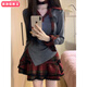 柏潮早春穿搭美式甜辣格子連衣裙女夏季新款百褶蓬蓬公主短裙套裝 套裝 (灰紅格紋飄帶上衣+紅黑格 XXS