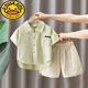 G.duck男童棉麻套裝2025夏季新款兒童純色短袖襯衣寶寶夏天透氣兩件套潮 綠色 130 (建議125厘米左右)