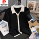 皮爾卡丹（pierre cardin）23年新款夏季法式小香風(fēng)polo領(lǐng)短款針織衫薄款上衣女感撞色短袖t 黑色 XL 建議【115-125】斤