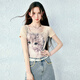 樂(lè )町甜美浪漫網(wǎng)紗貓咪圖案印花正肩短袖夏季新款修身顯瘦T恤女 肉桂色（現貨） M