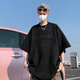 魄克麂皮絨鋼印短袖t恤男24夏季新款美式潮牌五分袖大碼寬松體恤上衣 A058-1-T258黑色 4XL 190-210斤