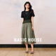 Basic House/百家好撞色休閑夏季新款寬松顯瘦氣質(zhì)感短袖連衣長(zhǎng)裙 黑拼苔云青 XL