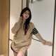 妙奕嘉長袖t恤女潮流女士夏季新款打底衫春秋洋氣款上衣罩衫寬松遮肚子 左袖黑色條紋卡其色圓領(lǐng)長袖 XL 【建議115-130斤】