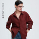 初棉法式全亞麻長(cháng)袖襯衫女25春新品法國麻翻領(lǐng)口袋襯衣寬松上衣 葡萄酒紅 XL